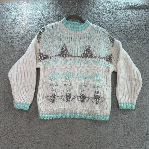 Helium Sweaters - VTG Helium 80's Women's Large Knit Sweater Crew Neck White‎ / Gray / Blue